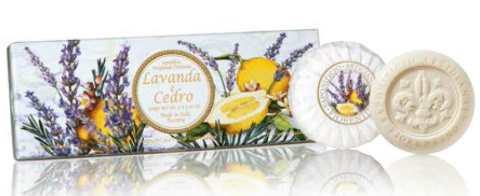 Naturalne mydła o zapachu lawendy z cedrem, 3 x 100 g, tłoczone, w ozdobnym pudełku - Saponificio Artigianale Fiorentino