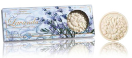 Naturalne mydła o zapachu lawendy toskańskiej, 3 x 125 g, tłoczone, w ozdobnym pudełku z okienkiem - Saponificio Artigianale