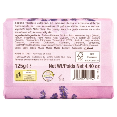 Naturalne mydło roslinne do ciała i twarzy, kremowa piana, LAWENDA 125gr ITERITALIA